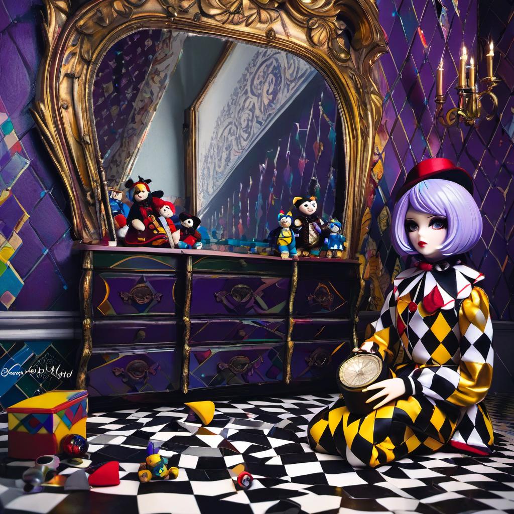  a doll with a harlequin outfit purple and yellow with black in a dark mirror room sitting on the corner floor holding a tall hat with stitches on it broken toys everywhere on the floor, award winning, professional, highly detailed, masterpiece