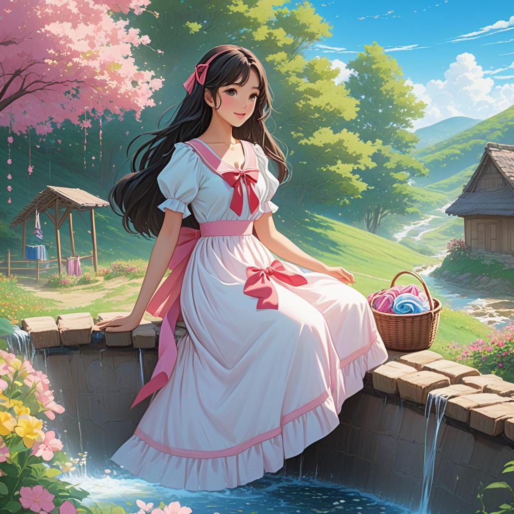  ### scene 2: washing clothes **description**: a graceful woman is washing colorful clothes in a basin next to the well. she is dressed in a flowing white and soft pink dress. a basket of laundry sits nearby. "a cheerful anime style character is beside a wooden barrel with water, set in a vibrant countryside scene. she wears a pink dress with a red sash and has long, dark hair adorned with pink ribbon on the ear. behind her, laundry in various pastel colors is hung along a line, and flowers dot the landscape with a serene stream flowing nearby under a clear blue sky.", anime artwork, anime style, key visual, vibrant, studio anime, highly detailed