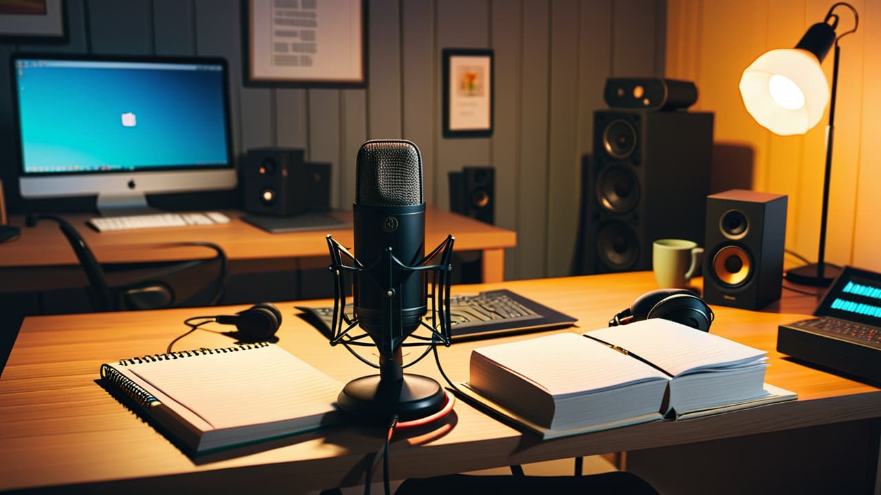  a cozy home studio with a microphone, laptop, and headphones on a desk, surrounded by soundproofing panels. a coffee cup sits nearby, and a notepad filled with ideas rests beside a recording device. hyperrealistic, full body, detailed clothing, highly detailed, cinematic lighting, stunningly beautiful, intricate, sharp focus, f/1. 8, 85mm, (centered image composition), (professionally color graded), ((bright soft diffused light)), volumetric fog, trending on instagram, trending on tumblr, HDR 4K, 8K