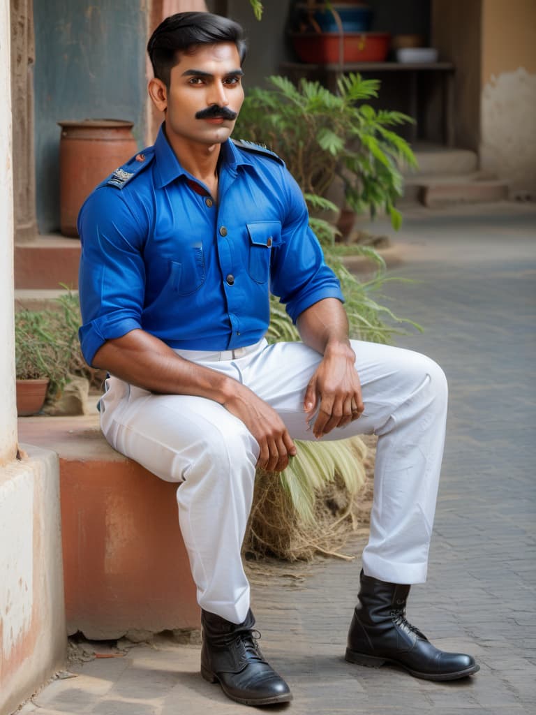  a handsome muscular indian soldier with simple small moustache and clean shaved face