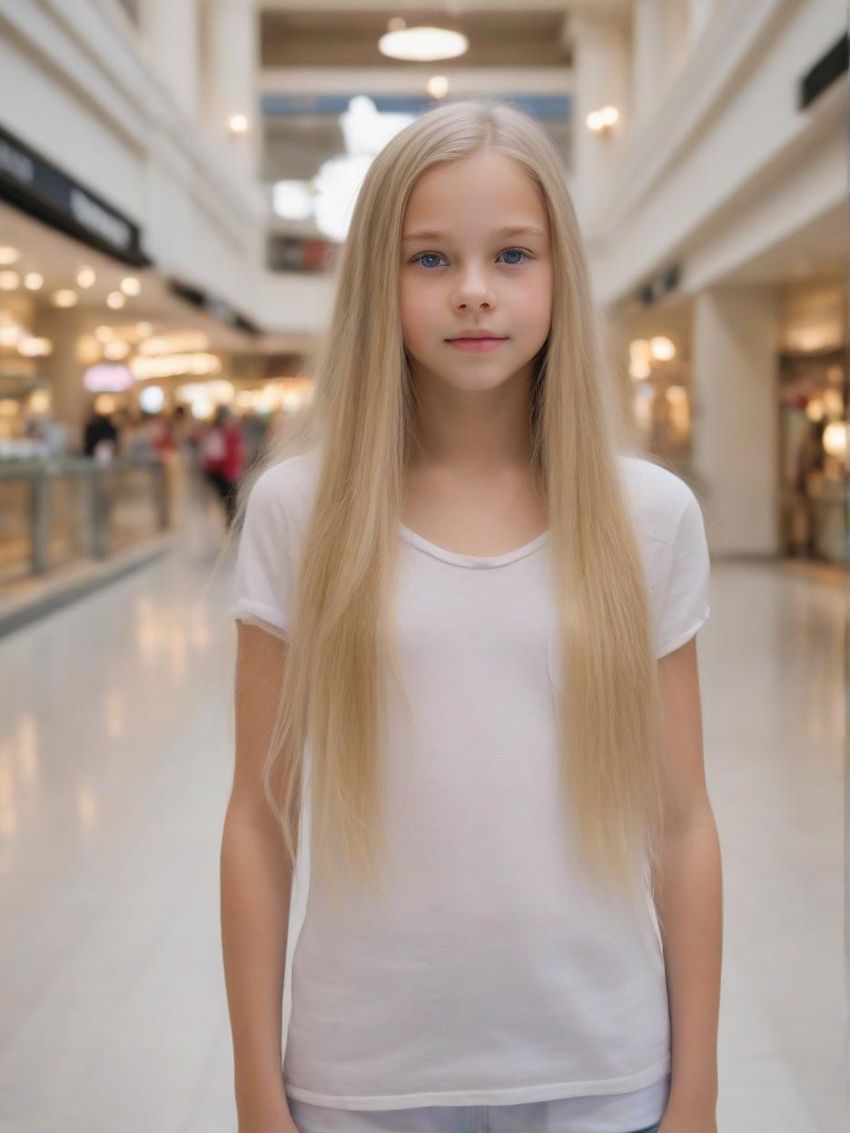  a old tween girl standing, long blonde hair, blue eyes, white , extreme realistic, delicate, cute, adorable, ultra realistic skin, extremely realistic, scenery, front view, mall background, body focus