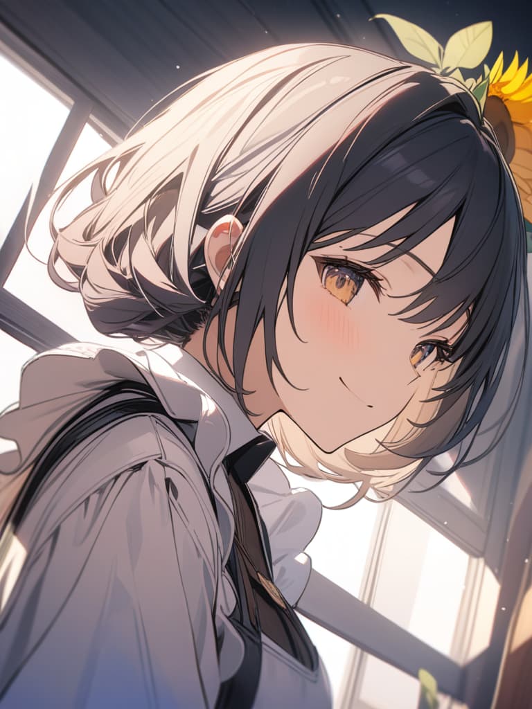  black hair, ided, maid, gles , gles, gles, s, sunflower, asahi, smile, , masterpiece, best quality,8k,ultra detailed,high resolution,an extremely delicate and beautiful,hyper detail