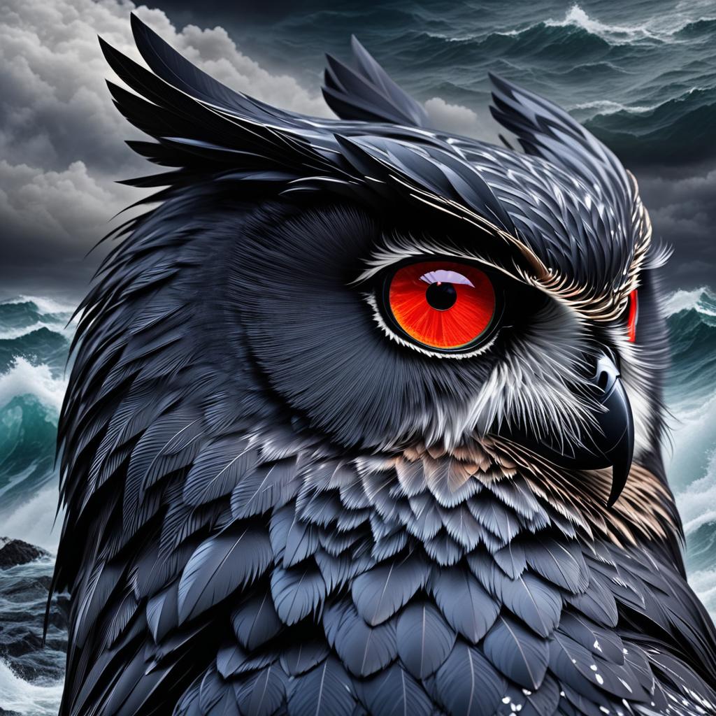  the greek god hades with a black screech owl that has blood red eyes by a stormy sea photo realistic, highly intricate and detailed, masterpiece, ultra high res,photography,8k resolution