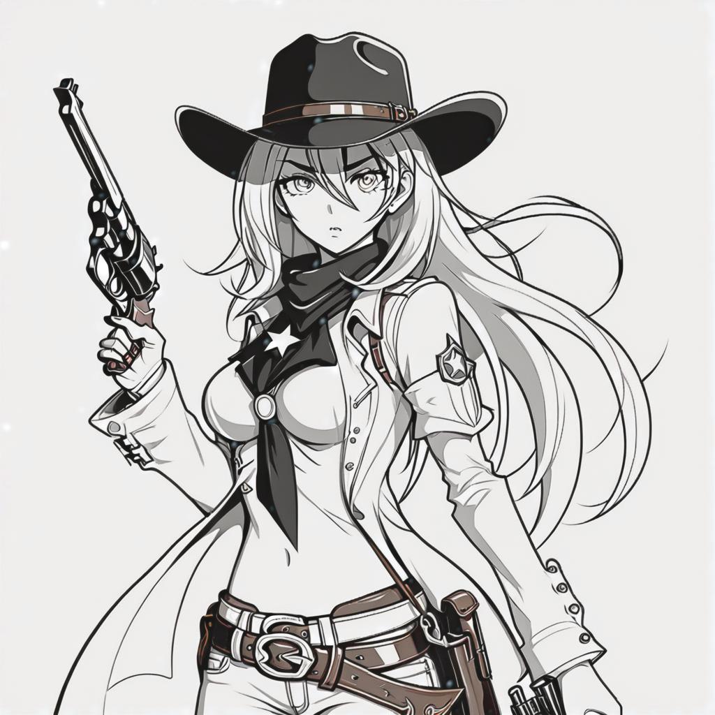  line art drawing cowboy girl with six shooter, same nightmare. anime style . professional, sleek, modern, minimalist, graphic, line art, vector graphics