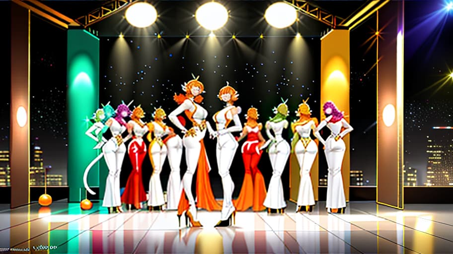  disco ball, disco, neon, orange hair, one elves with cats, in a white suit, on heels, in orange bells, white pants, black t shirts, dance floors, white heels hyperrealistic, full body, detailed clothing, highly detailed, cinematic lighting, stunningly beautiful, intricate, sharp focus, f/1. 8, 85mm, (centered image composition), (professionally color graded), ((bright soft diffused light)), volumetric fog, trending on instagram, trending on tumblr, HDR 4K, 8K