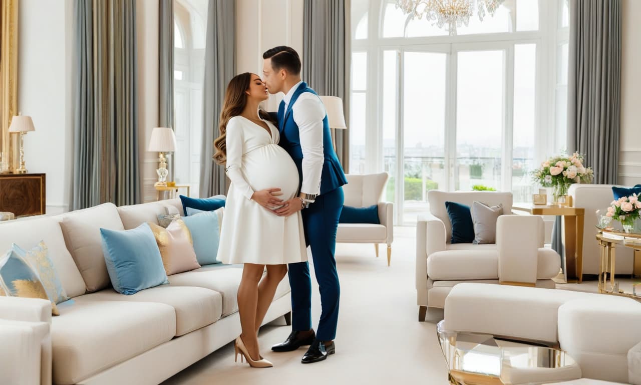  a full length young man in a suit hugs a young pregnant woman in a very short dress in a luxurious bright living room