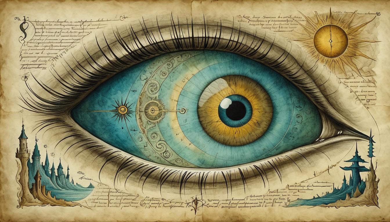  on parchment, surrealism+++, a person with fresh, awakened eyes, looking at the world anew, rejuvenated vision, sense of renewal(mysterious, provocative, symbolic,muted color)+++