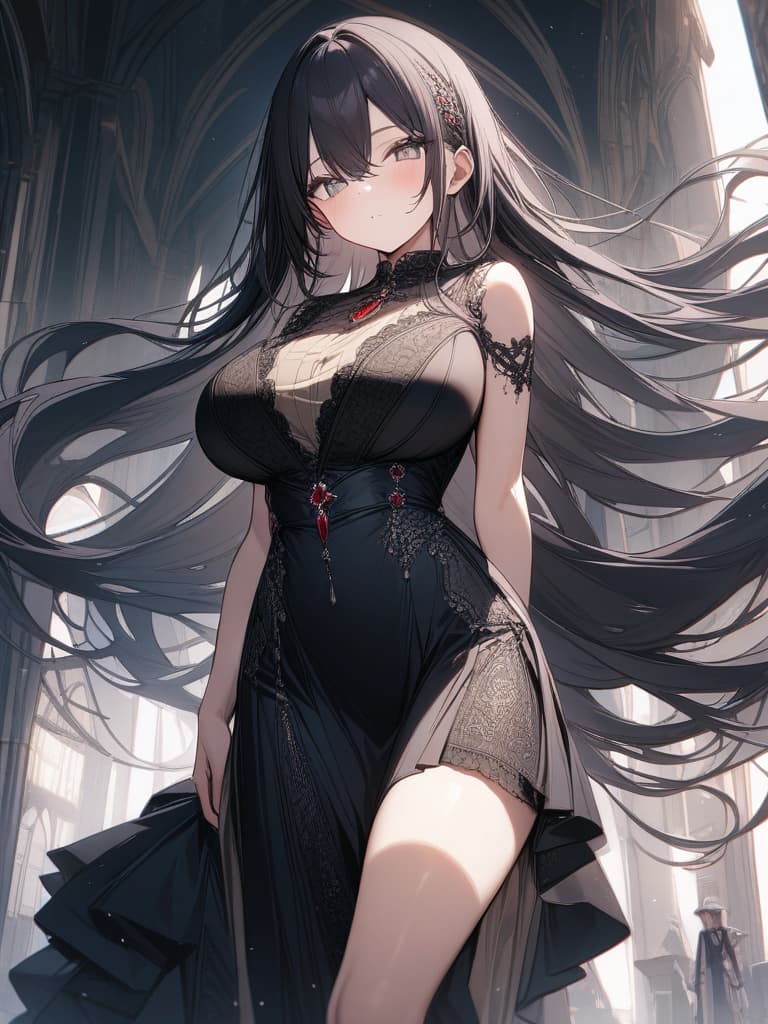  castle, big breast, dress with red jewel, black pin heels, white eyes, whole body, black hair, super long long hair, wave hair, masterpiece, best quality,8k,ultra detailed,high resolution,an extremely delicate and beautiful,hyper detail