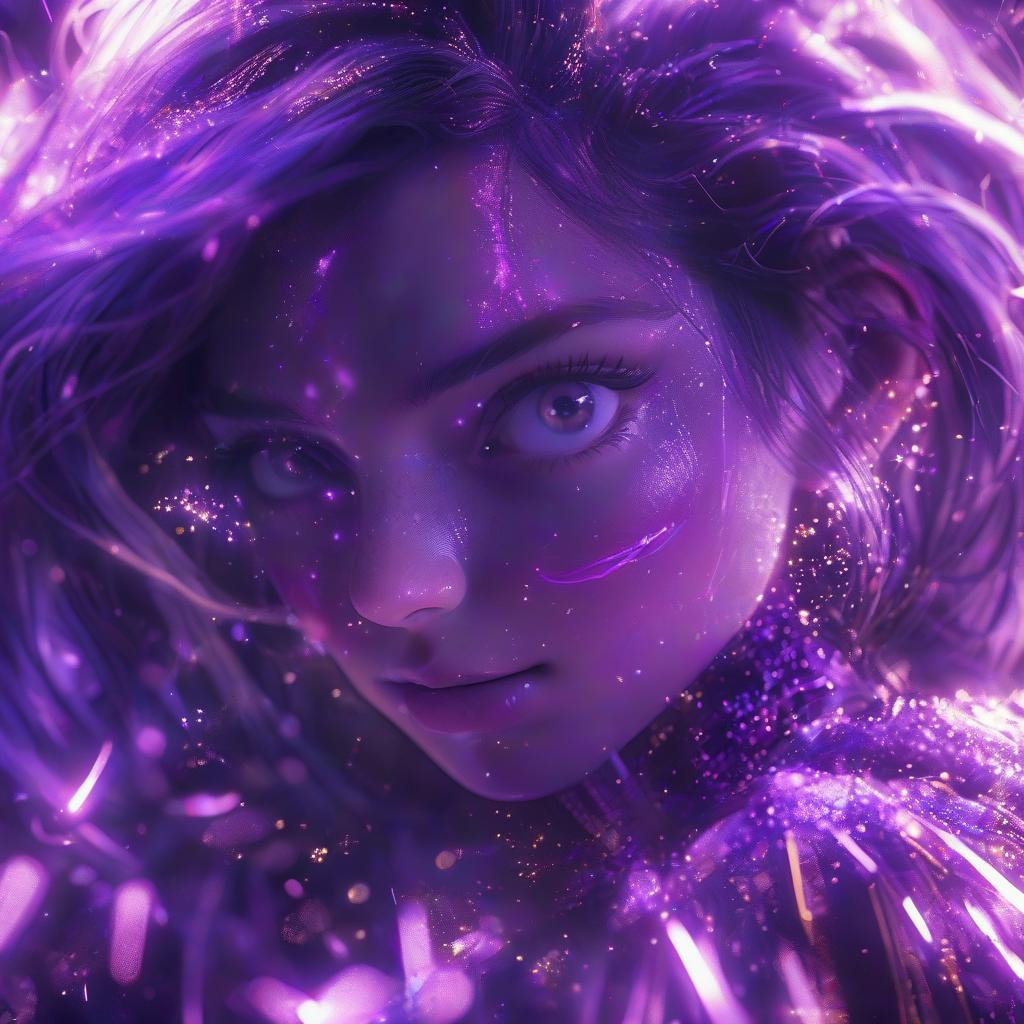  hyperrealistic art girl from anime around her violet light and sparks . extremely high resolution details, photographic, realism pushed to extreme, fine texture, incredibly lifelike, glowneon, hkmagic