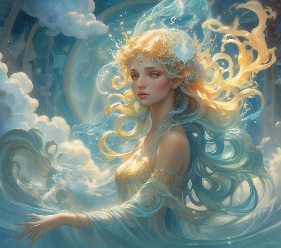  concept art water elemental / undine (adorable). alphonse mucha, 8k resolution holographic astral cosmic illustration mixed media by pablo amaringo ethereal fantasy hyperdetailed mist thomas kinkade surrealism melting oil on canvas heavenly sunshine beams divine bright soft focus holy in the clouds . digital artwork, illustrative, painterly, matte painting, highly detailed