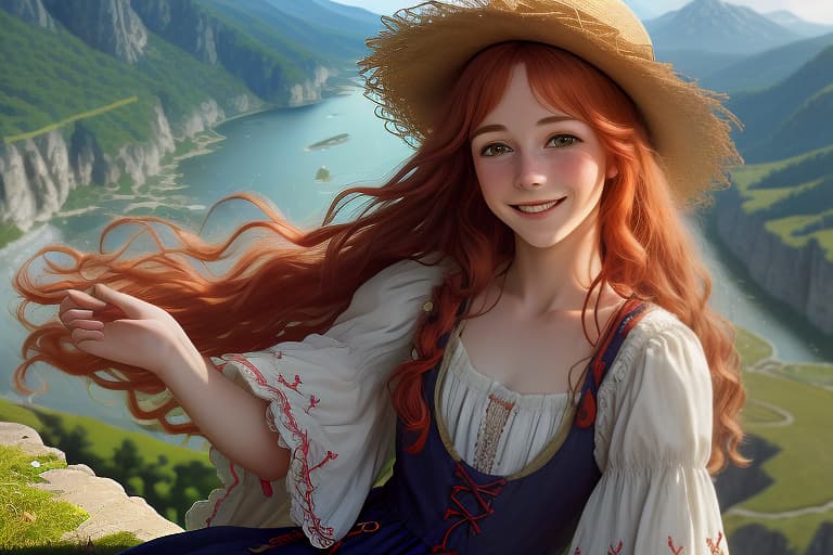  a shot from a historical film, ((sunny summer day)), close up of a young smiling freckled physician lindsey stirling with long disheveled wavy light red hair, (((in a dark peasant dress with lacing and embroidery))), and a dark worn cape and a battered straw hat, (((velelo sits smiling on the edge of a mountain gorge))), (((expressive dynamic pose))), (((maximum authenticity and detail of the costume))), (((most clearly and in detail drawn face and eyes))), ((against the background of a picturesque mountain gorge)), small details, (masterpiece: 1.5), (highest quality: 1.5). elaboration of small details, maximum emphasis on the face, rich color scheme, maximum hyperrealism, (extremely detailed), maximum photorealism,