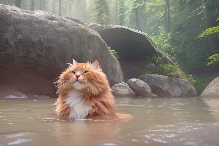  A beige colored furry cat with a white chest and white paws, its red brown long wavy fur and green eyes is bathing in the river up to its chest. Behind it, big boulders are seen rumbling, and a green forest is hidden behind them., shot 35 mm, realism, octane render, 8k, trending on artstation, 35 mm camera, unreal engine, hyper detailed, photo realistic maximum detail, volumetric light, realistic matte painting, hyper photorealistic, trending on artstation, ultra detailed, realistic hyperrealistic, full body, detailed clothing, highly detailed, cinematic lighting, stunningly beautiful, intricate, sharp focus, f/1. 8, 85mm, (centered image composition), (professionally color graded), ((bright soft diffused light)), volumetric fog, trending on instagram, trending on tumblr, HDR 4K, 8K