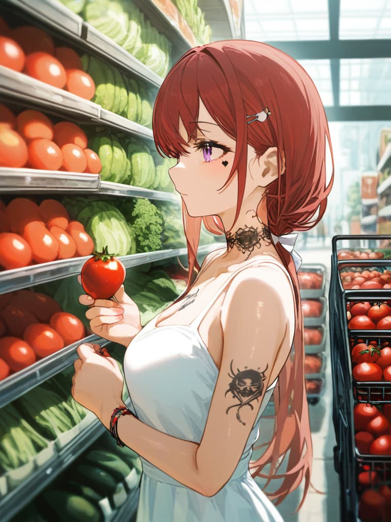  with tomatoes, blond ponytails, white headphones, heart tattoo on their arms, girls wearing white dress dresses, shopping carts, shopping carts, gestures, shopping cart containing eggplant and celery, the upper arm. tattooing, spider web on the neck, headphones, black tattoos, heart shaped tattoos on arms, masterpiece, best quality,8k,ultra detailed,high resolution,an extremely delicate and beautiful,hyper detail