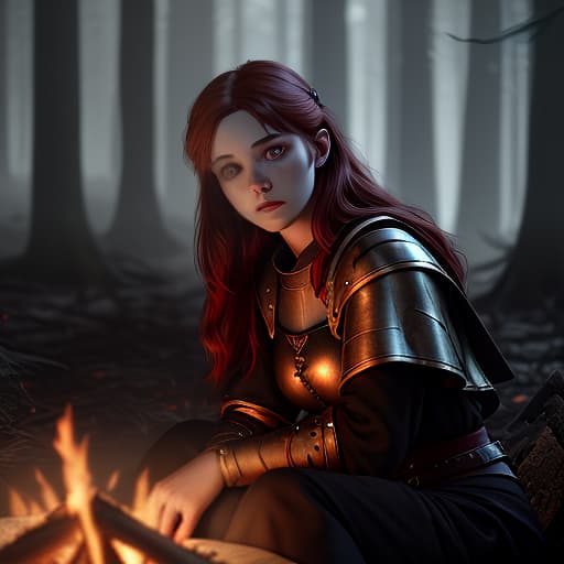  the middle ages. night is the forest on the hill. a brunette girl with black eyes and a red haired guy sit by the fire and talk., shot 35 mm, realism, octane render, 8k, trending on artstation, 35 mm camera, unreal engine, hyper detailed, photo realistic maximum detail, volumetric light, realistic matte painting, hyper photorealistic, trending on artstation, ultra detailed, realistic