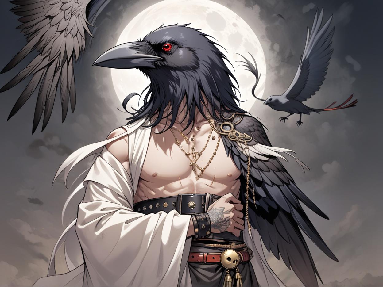  manga artwork a holy crow man with a human body holding a holy libram wearing a rat tail belt around his waist. manga artist. manga, highly emotional. best quality, high resolution