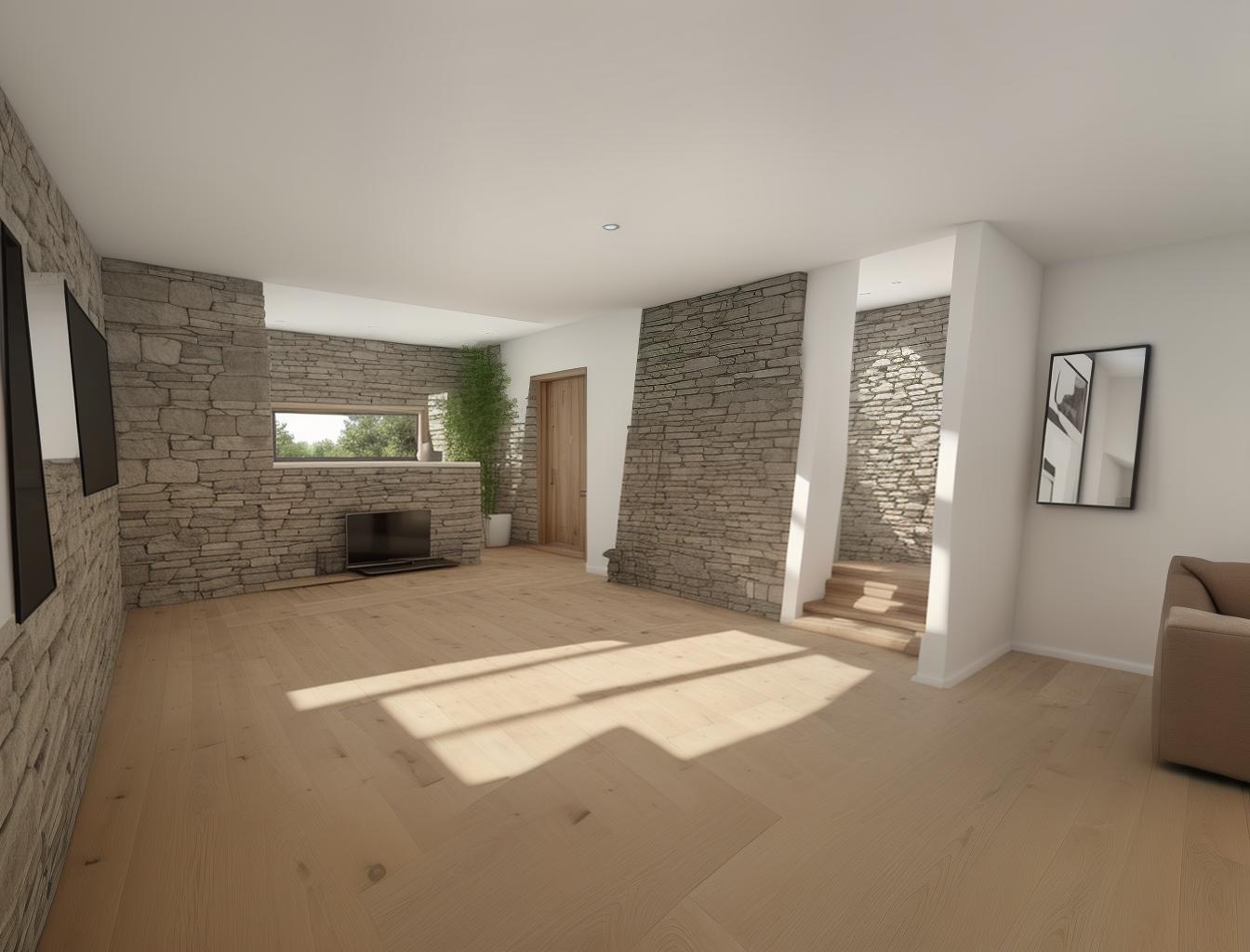  produce a photorealistic rendering of a modern interior with a stone wall as a focal point, complemented by wooden flooring and large windows. add a sleek, modern sofa and minimalist furniture that reflects a contemporary style, creating a space that feels both rustic and sophisticated.