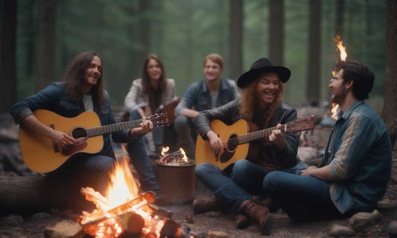  cinematic photo a group of people are sitting around a campfire, one is playing an acoustic guitar, the rest are just sitting, they are all cheerful, singing . 35mm photograph, film, bokeh, professional, 4k, highly detailed