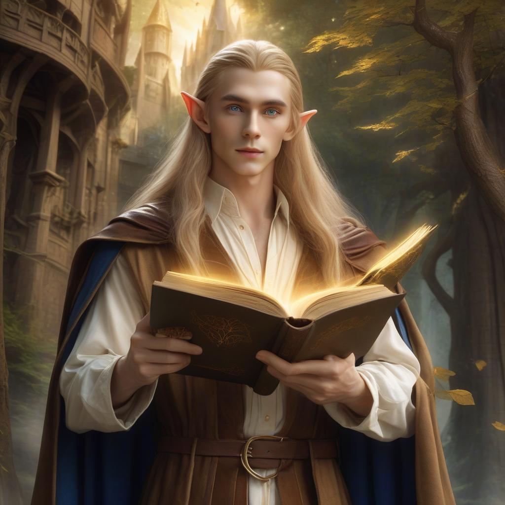  very beautiful low and slender elf with light skin, long straw hair and blue eyes, dressed in a white shirt and brown pants, a brown cloak hangs on his shoulders, an open book with leather binding and a drawing of a tree made of golden lines hovers in front of the elf, a wizard's tower, hkmagic