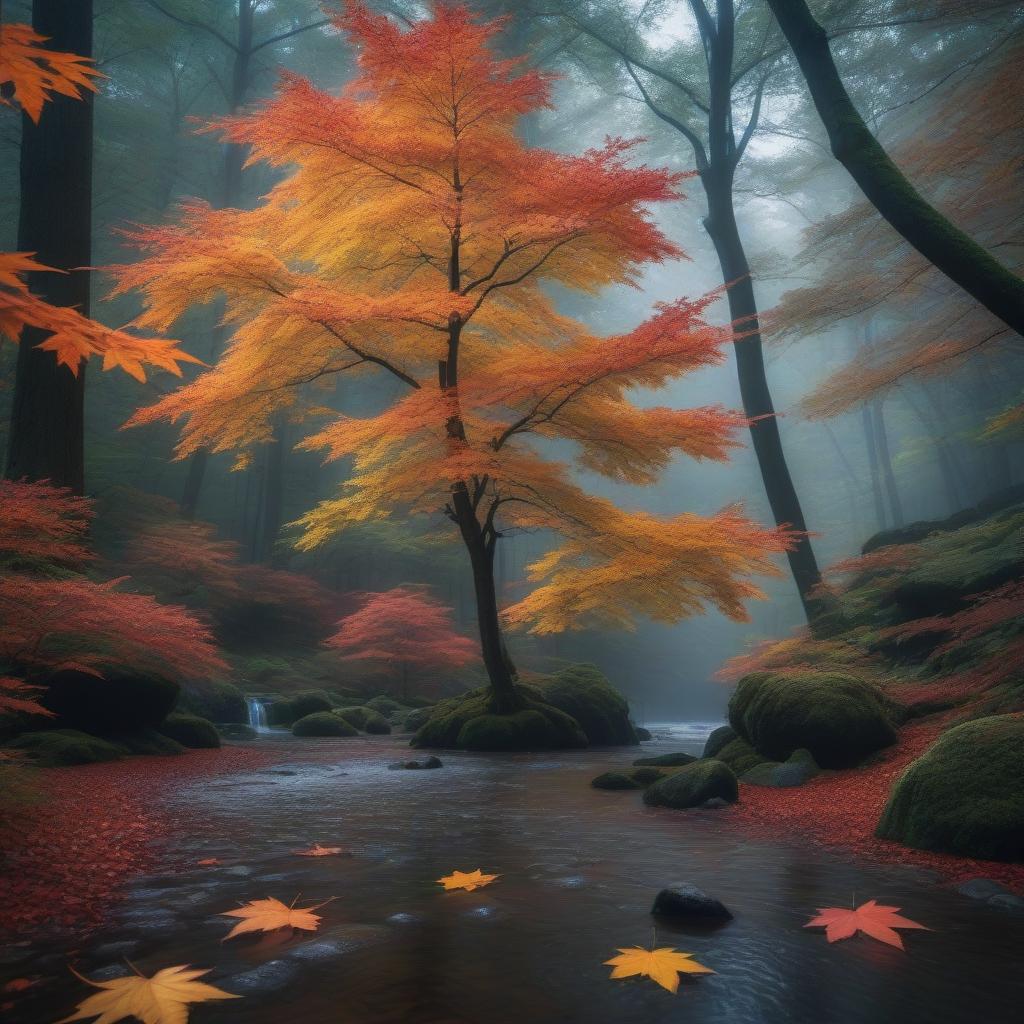  The rain passed barefoot on the ground, touched the maples on the shoulders. hyperrealistic, full body, detailed clothing, highly detailed, cinematic lighting, stunningly beautiful, intricate, sharp focus, f/1. 8, 85mm, (centered image composition), (professionally color graded), ((bright soft diffused light)), volumetric fog, trending on instagram, trending on tumblr, HDR 4K, 8K