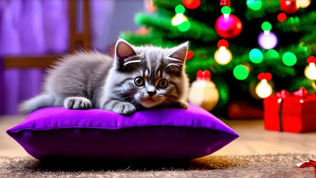  small fluffy gray kitten lying on purple pillow with a bow, on the background of christmas tree, hyper realistic photo, shimmering highlights of colored lights, purple color theme, high quality portrait, christmas card ar 16:9 {prompt}, maximum details