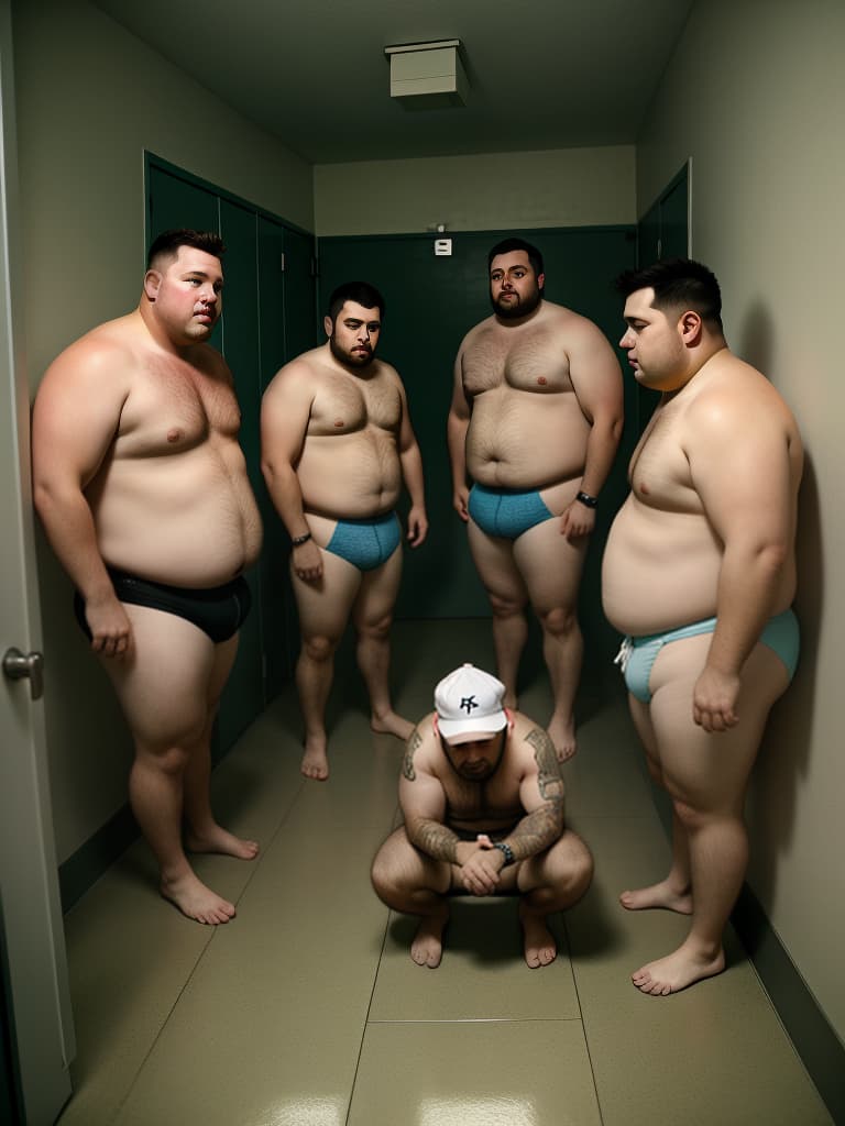  group of chubby overweight white men wearing only diapers, they are being held prisoner and forced to wear only diapers which they also must pee and poop in their diapers due to having no access to a bathroom, they are isolated in a room where they are left to alone for hours having to wear diapers that they have repeatedly peed and pooped in as they are forced to by their captors, they have been kept prisoners like this for so long that they are beginning to become incontinent both having to wear diapers and something they suspect has been being added to their food and water which is why they don't seem to stop peeing and pooping in their diapers , hyperrealistic, high quality, highly detailed, cinematic lighting, intricate, sharp focus, f
