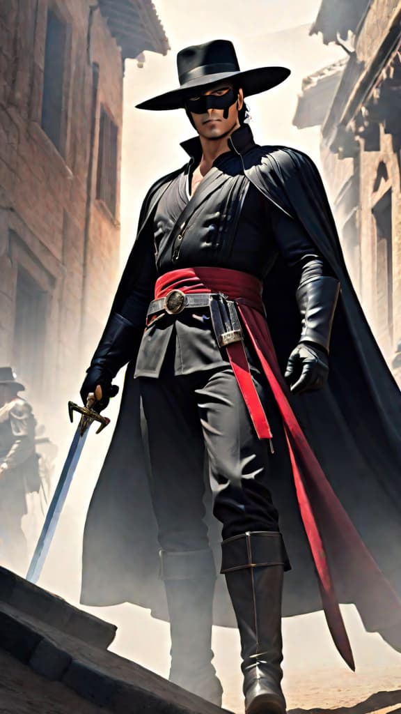  anime art, zorro from "the legend of zorro" in a heroic pose with a flowing cape and sword raised high hyperrealistic, full body, detailed clothing, highly detailed, cinematic lighting, stunningly beautiful, intricate, sharp focus, f/1. 8, 85mm, (centered image composition), (professionally color graded), ((bright soft diffused light)), volumetric fog, trending on instagram, trending on tumblr, HDR 4K, 8K