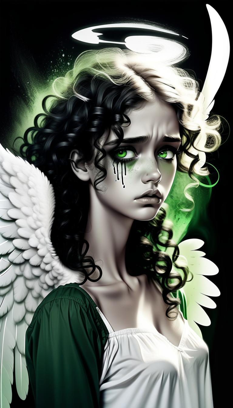  1) a very sad angel in tears, 2) one wing white, the other black, open 3) curly hair, the right half of the hair on the head is white, the left half of the hair on the head is black. 4) angel takes off (5) black and white art 6) green eyes remaining black and white (7) in wounds