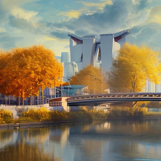 dvarchmodern (painting abstract, urban landscape, against golden autumn and disturbing sky and river embankment bridge:1.5). high detail, high resolution, high definition., (extremely detailed oil painting:1.2), glow effects, godrays, hand drawn, render, 8k, octane render, cinema 4d, blender, dark, atmospheric 4k ultra detailed, cinematic sensual, sharp focus, humorous illustration, big depth of field, masterpiece, colors, 3d octane render, 4k, concept art, trending on artstation, hyperrealistic, vivid colors, extremely detailed cg unity 8k wallpaper, trending on artstation, trending on cgsociety, intricate, high detail, dramatic