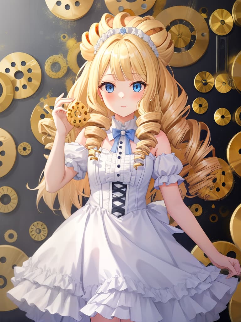  ((drilled hair:1.4)){cute girl,blonde hair,blue eyes,((drilled hair:1.4)),wearing white frilly dress},super detailed,high resolution,absurd,adopted,