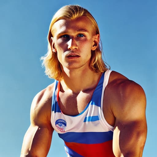 portrait+ style Russian LGBT queer summer Olympics athlete blonde hunk dude face