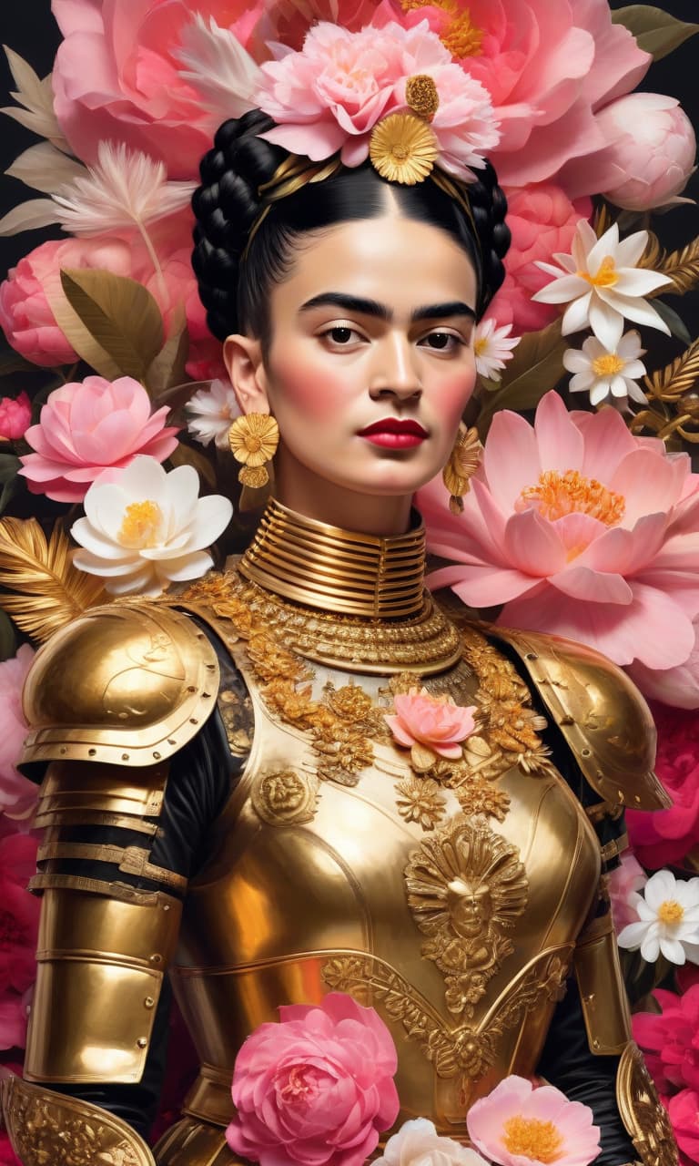  concept art color pink, white, black, gold frida kahlo in gold armor many flowers . digital artwork, illustrative, painterly, matte painting, highly detailed, perfect hands