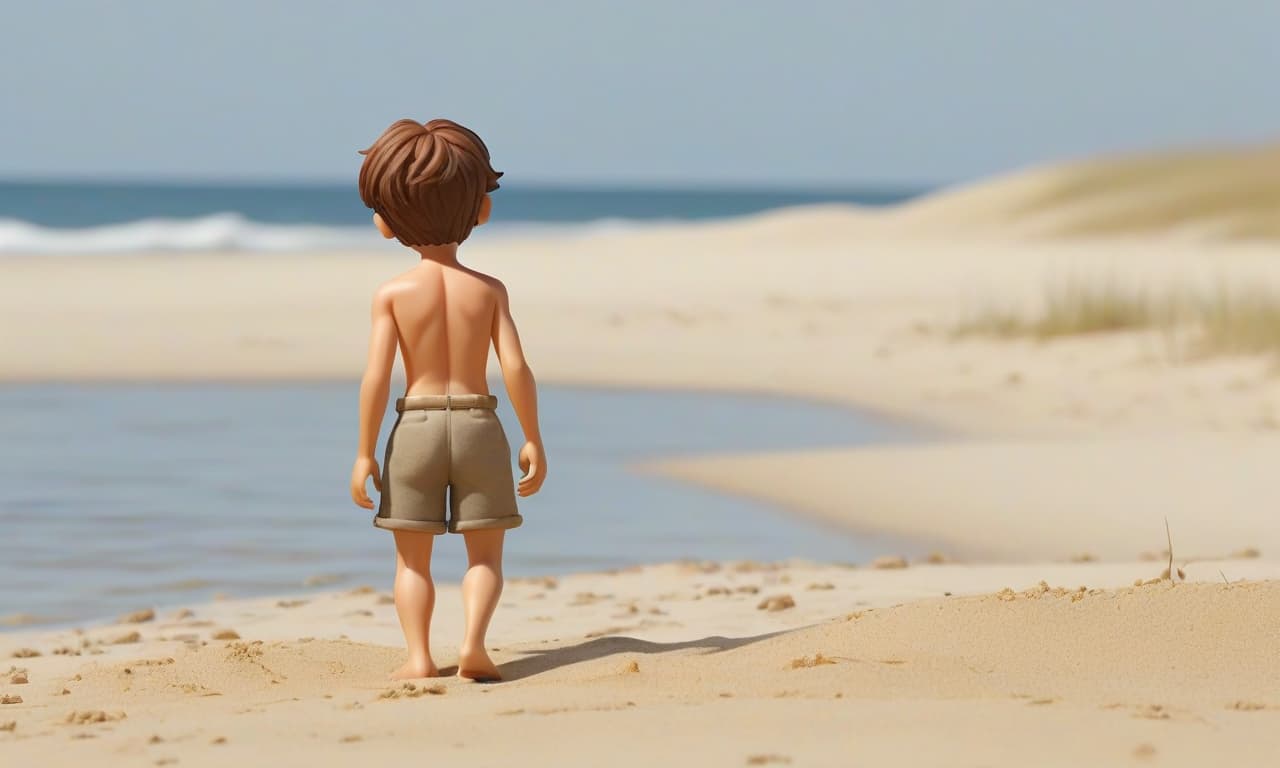  on a quiet, deserted beach with golden sand stretching to the calm, blue sea in the background, a small wooden sailboat is positioned slightly away from the water, tilted gently into the sand. the boat is simple yet inviting, with a white sail fluttering softly in the breeze. in the foreground, a young boy named evseyka, with large blue eyes and short brown hair, is walking towards the boat. he is facing the boat, and his back is turned to the camera. his small figure and cautious steps convey a sense of secrecy and excitement as he moves closer to the sailboat. the wind gently tousles his hair and rustles his simple clothes, giving life to the scene. the setting is bright and colorful, with warm tones and a soft, watercolor like style, sui