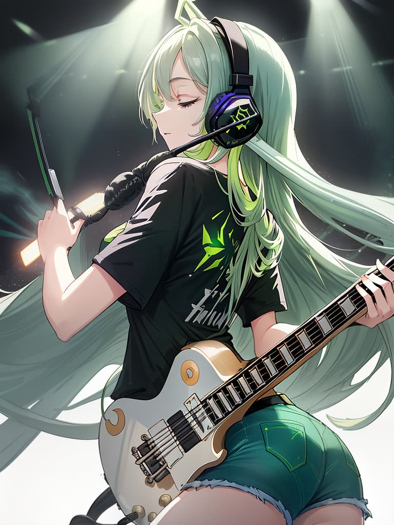  (white background:1.3),(extremely detailed fine touch:1.3),(hard light,studio light,light rays,dappled light,reflection,shadows,ray tracing:1.0),///,,(((green very long hair:1.3))),headphone,forehead,having a bird's eye view,anime style,super fine ilration,highly detailed,dynamic angle,beautiful detailed,8k,on stage break a woman,(((headphone:1.3))),on both ,strumming an electric guitar. she arches her back,closes her eyes and looks joyful. break a spotlight shines on her,(t shirt:1.3),(denim shorts:1.3),(black les paul custom:1.3)