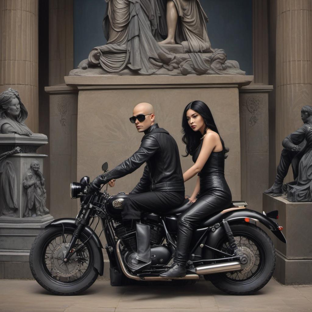  bold, no hair man sitting on a black motorcycle. women with black hair very long, straight,a black dress with statues standing next to him. back view, painting style