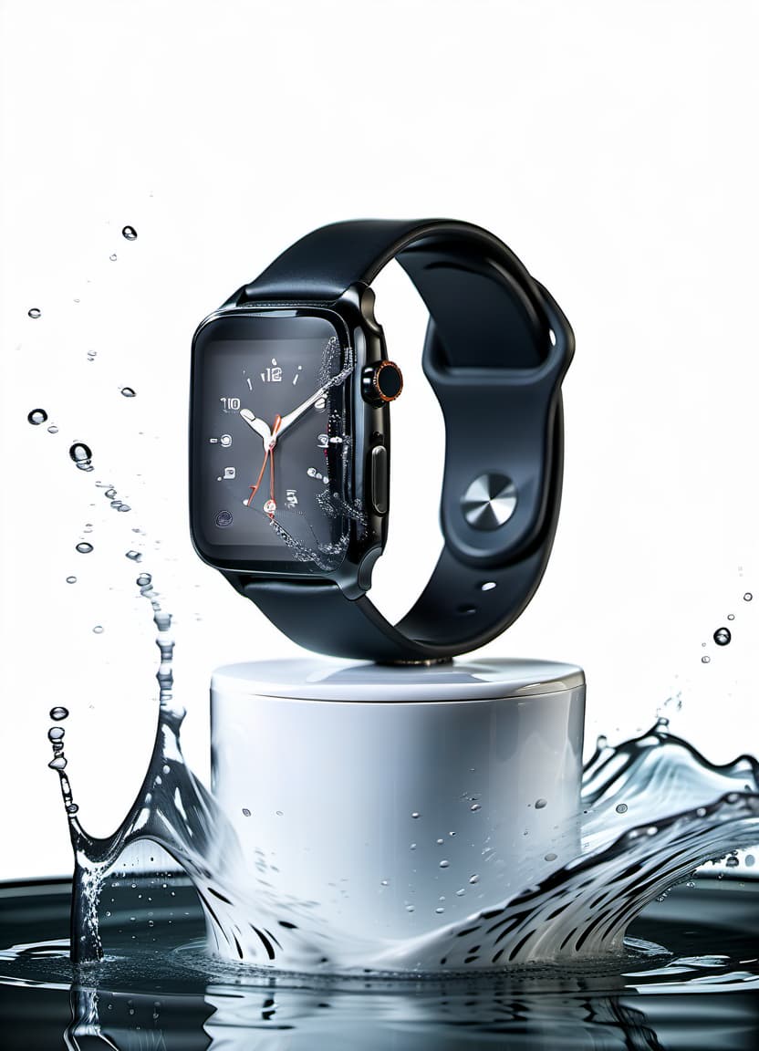  smart watch on a white stand for demonstration, around a splash of water, white background, reflection of the clock in water, film photography style