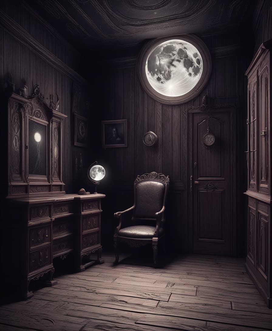  lovecraftian horror the dark room. wooden furniture in classic style. web and dust. no lighting. the moon outside . eldritch, cosmic horror, unknown, mysterious, surreal, highly detailed