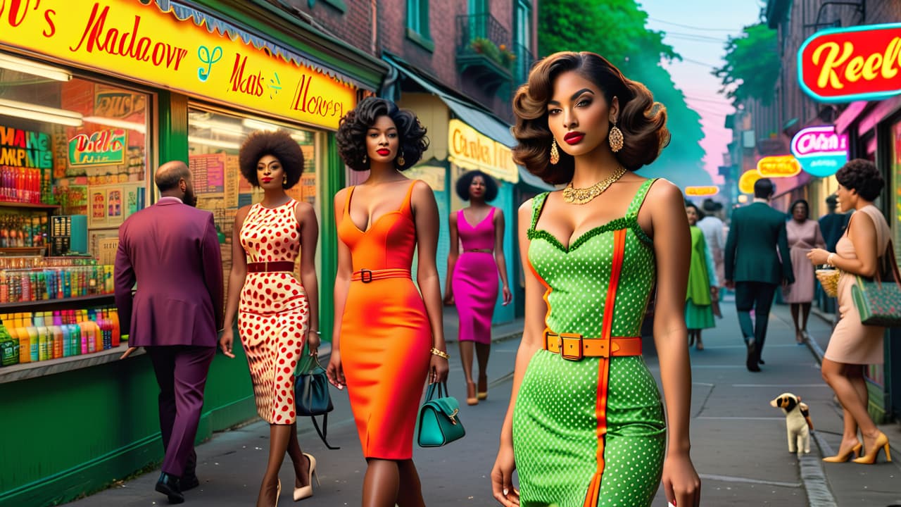  a vibrant street scene showcasing diverse models in eclectic vintage outfits from the 1960s to the 1990s, surrounded by retro shops, colorful graffiti, and lush greenery, capturing the essence of a fashion revival in 2024. hyperrealistic, full body, detailed clothing, highly detailed, cinematic lighting, stunningly beautiful, intricate, sharp focus, f/1. 8, 85mm, (centered image composition), (professionally color graded), ((bright soft diffused light)), volumetric fog, trending on instagram, trending on tumblr, HDR 4K, 8K