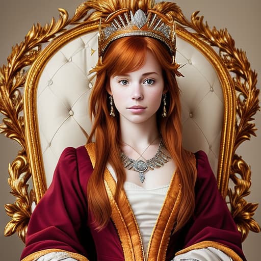  portrait of a beautiful auburn haired woman with a guilded crown sitting on a throne with heightened detail