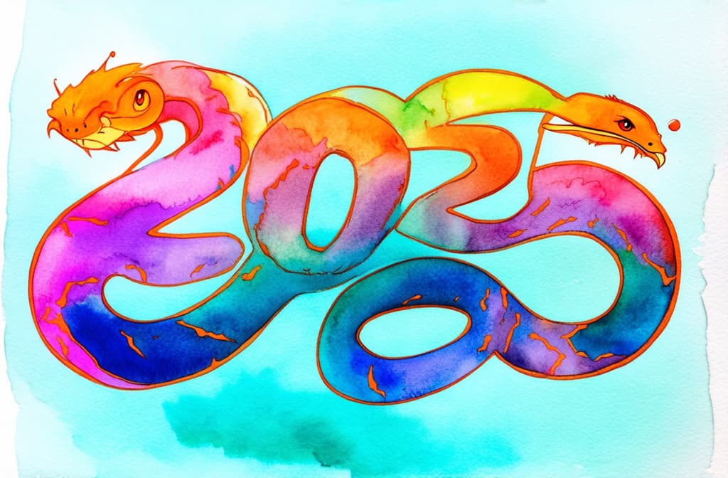  artwork snake around the inscription 2025 ar 3:2, watercolor techniques, featuring fluid colors, subtle gradients, transparency associated with watercolor art