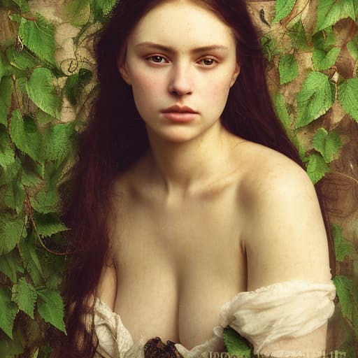 analog style Highly detailed moody dark, masterful portrait of a breathtakingly lovely, wild Witchling nymph surrounded by trailing ivy painted by John William Waterhouse and Rembrandt. She has a beguiling face and is looking down directly at the viewer. Her eyes are breathtakingly lovely and engaging. She has long, wild, unkempt dark hair. Gorgeous, highly detailed , ornate composition using the golden ratio.