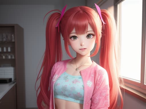  masterpiece, best quality, expressive eyes, perfect face, perfect anatomy, loli, young, cute face, petite, red hair, twintails, smirk, baggy clothes, sassy pose, brightly colored clothes, patterned clothes, bright colors, hadeko fashion, midriff , High quality, High resolution, highly detailed, cinematic lighting, intricate, sharp focus, (centered image composition), (professionally color graded), ((bright soft diffused light)), volumetric fog, trending on instagram, HDR 4K, 8K