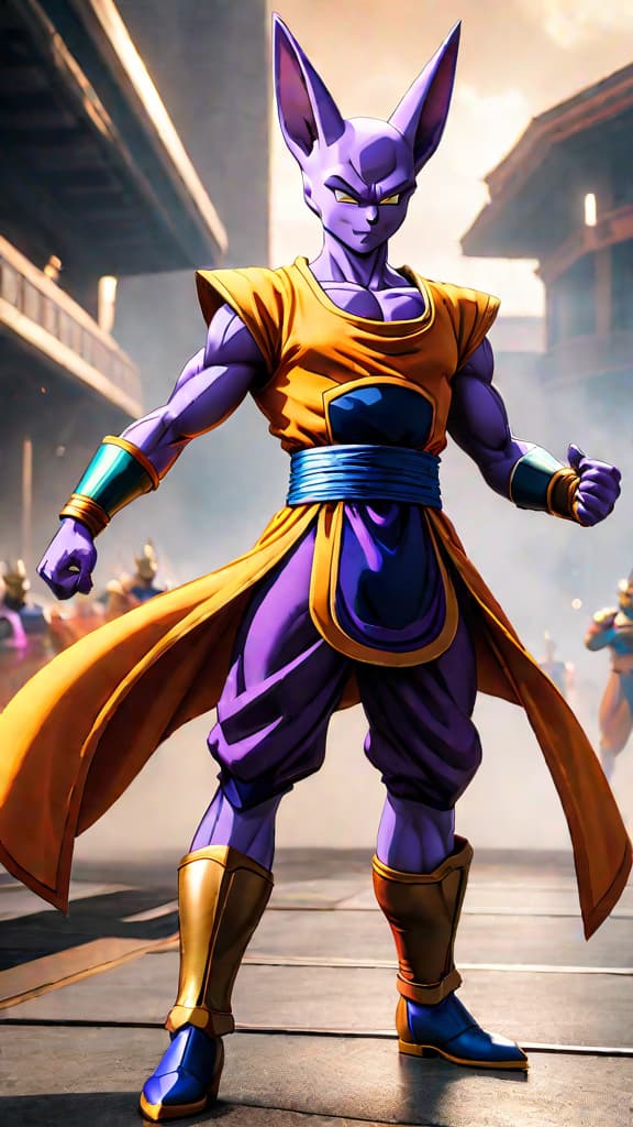  anime art: beerus from dragon ball super facing off against belmod from universe 11 in tournament of power. hyperrealistic, full body, detailed clothing, highly detailed, cinematic lighting, stunningly beautiful, intricate, sharp focus, f/1. 8, 85mm, (centered image composition), (professionally color graded), ((bright soft diffused light)), volumetric fog, trending on instagram, trending on tumblr, HDR 4K, 8K