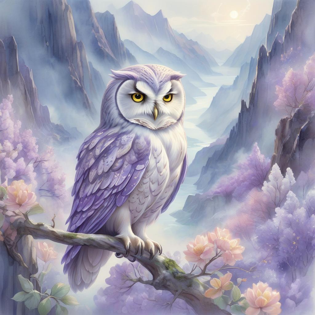  concept art the softness of everything that's peace, beautiful thoughtful owl, anatomically correct, spring's soft sea view, watercolor style of yelena yushina and kaoru yamada, mountains and stalight, windy luminous, silver lighting, dreamy and magical, highly detailed, very soft colors, soft edges, mist. realistic, blossoming, anatomically correct, soft silver violet palette . digital artwork, illustrative, painterly, matte painting, highly detailed