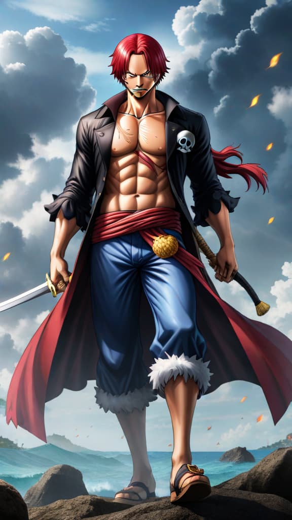  anime art shanks from one piece arriving at marineford with a powerful presence, ending the war hyperrealistic, full body, detailed clothing, highly detailed, cinematic lighting, stunningly beautiful, intricate, sharp focus, f/1. 8, 85mm, (centered image composition), (professionally color graded), ((bright soft diffused light)), volumetric fog, trending on instagram, trending on tumblr, HDR 4K, 8K