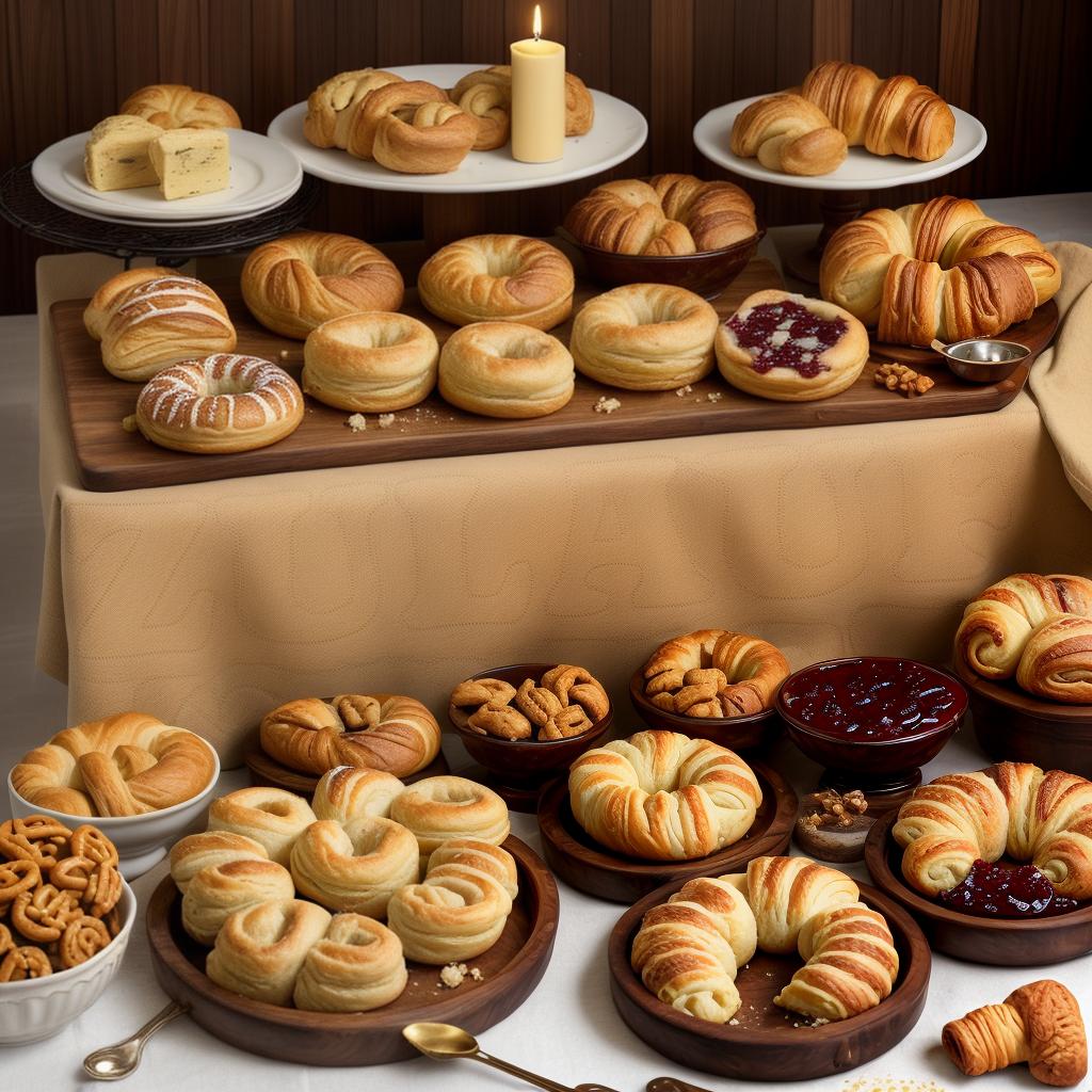  a wooden table with an assortment of pastries, including golden croissants, crusty rolls, and pretzels. small bowls of butter and jam are placed between the baked goods. some cinnamon rolls and sprinkled buns add a sweet touch, creating a cozy, inviting scene., best quality, masterpiece