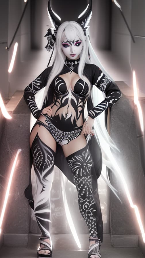  Black and Grey flame pattern body paint in every corner of the whole body,Grey body paint full body, White flame pattern face paint on the face, two dark elf, full body image 女性