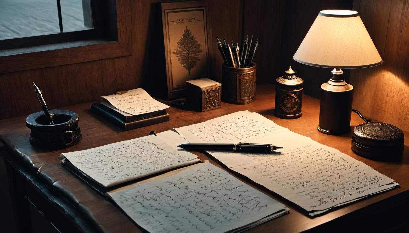  （surrealism)an intimate desk setup with handwritten notes, favorite pen, scattered papers, soft light from a desk lamp, personal, thoughtful mystic, intricate details, best quality)