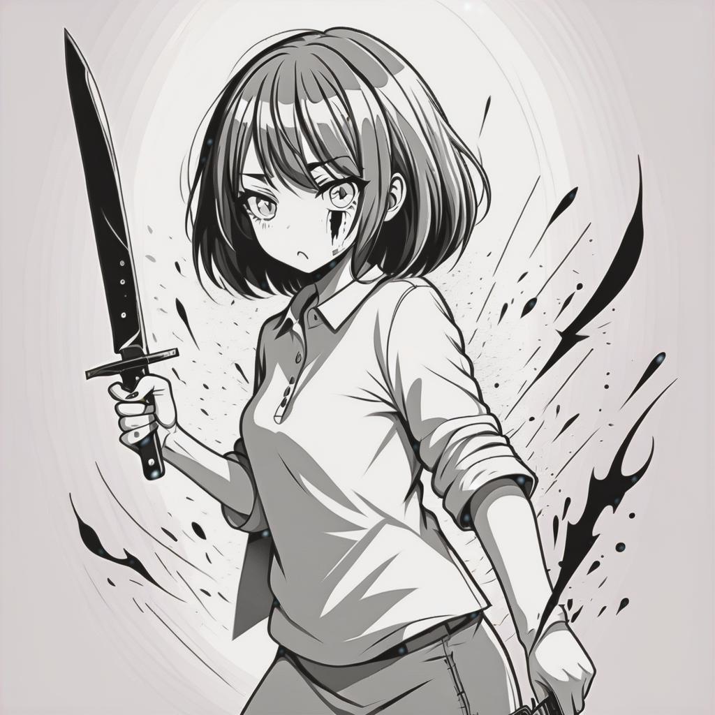  line art drawing fear girl with knife, same nightmare. anime style . professional, sleek, modern, minimalist, graphic, line art, vector graphics