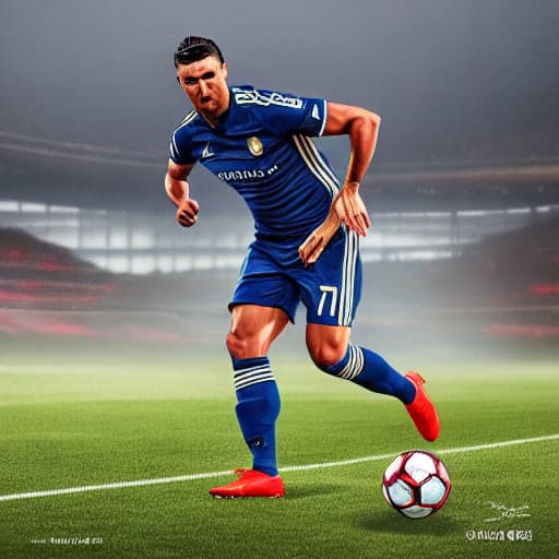  Ronaldo football hyperrealistic, full body, detailed clothing, highly detailed, cinematic lighting, stunningly beautiful, intricate, sharp focus, f/1. 8, 85mm, (centered image composition), (professionally color graded), ((bright soft diffused light)), volumetric fog, trending on instagram, trending on tumblr, HDR 4K, 8K