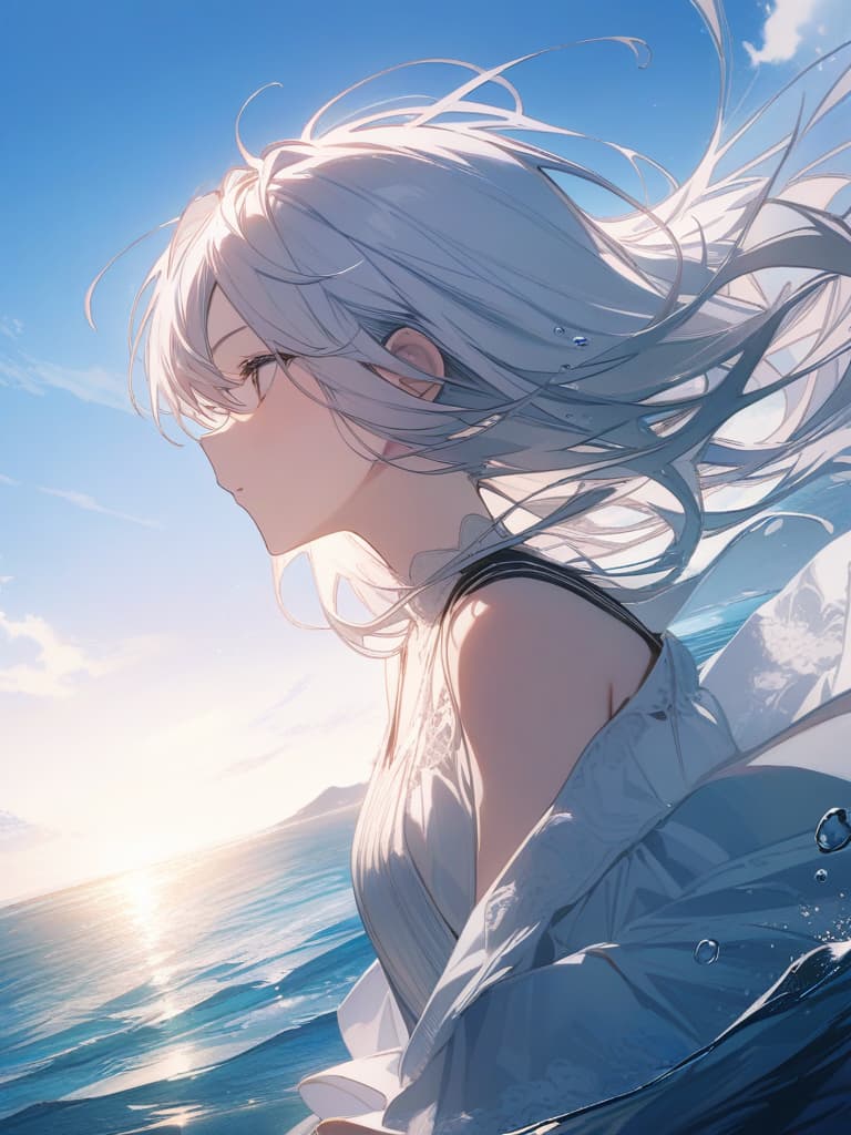  sea, drowning, white hair, my eyes are closed, masterpiece, best quality,8k,ultra detailed,high resolution,an extremely delicate and beautiful,hyper detail